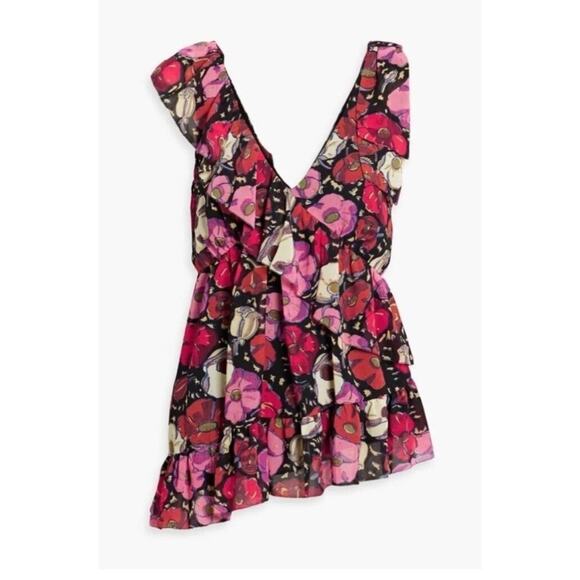 Cinq a Sept Naomi Floral Ruffle Asymmetric Top V Neck Tiered femme spring bright - Picture 1 of 10